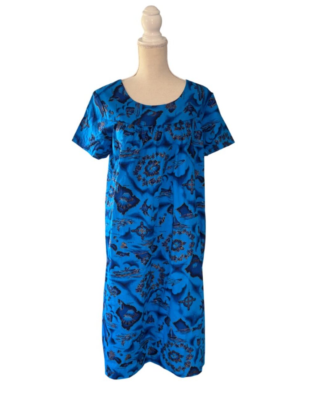 vintage Ui Maikai Hawaiian Dress 60s Hawaii Island Print muumuu blue gold M L